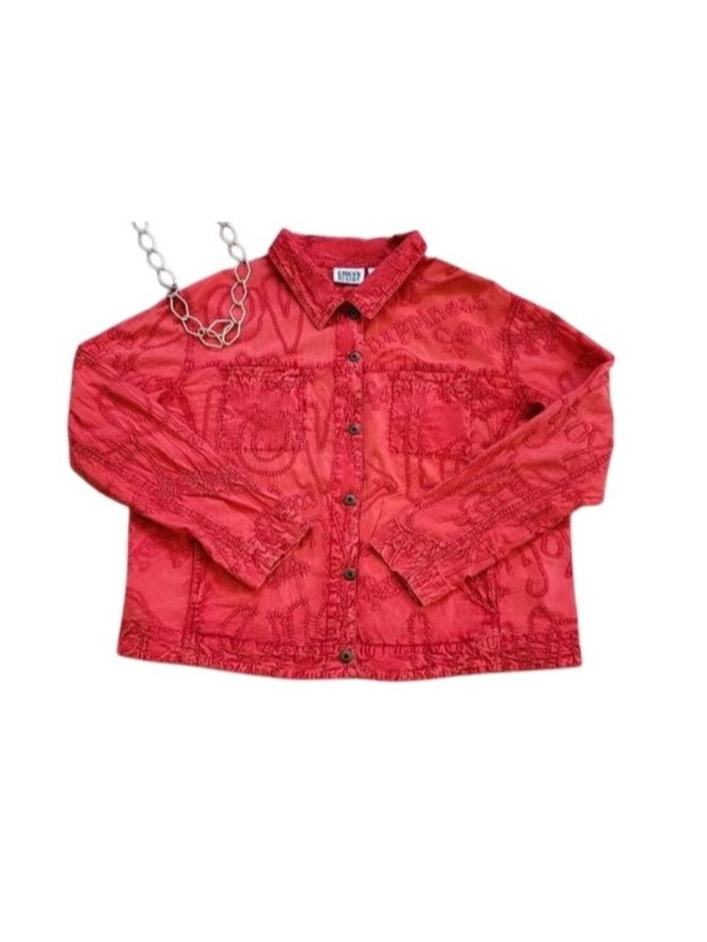 Chicos Design Red Button-Up Embroidered Love Hapiness Jacket With Side Pockets